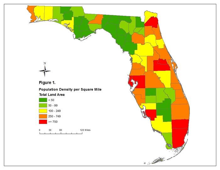 Figure 1. Population density per square mile for Florida counties using total land area, 2010