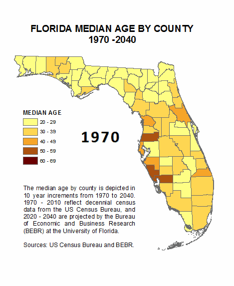 Time lapse animated GIF showing Florida Median Age by county