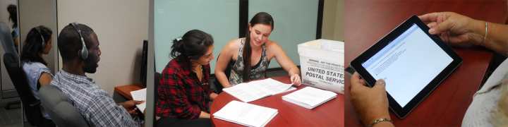 Left image of researchers with phone headsets on, calling survey participants. Middle image of two researchers at a table preparing mail-only surveys. Right image of an iPad screen where a participant is completing a web survey.