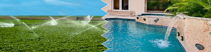 Image of water sprinklers on agricultural land and a small water fall pouring water into a swimming pool