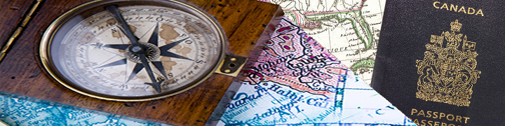 Image of a compass, map, and Canadian passport