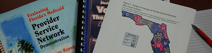 Image of notebooks on Florida research and survey reports on a table top.