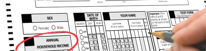 Image of a machine-readable exam answer sheet being bubbled in, with the words "Annual Household Income" circled